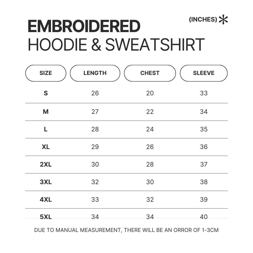 Embroidered Hoodie Sweatshirt Size Chart - Official Blue Lock Store