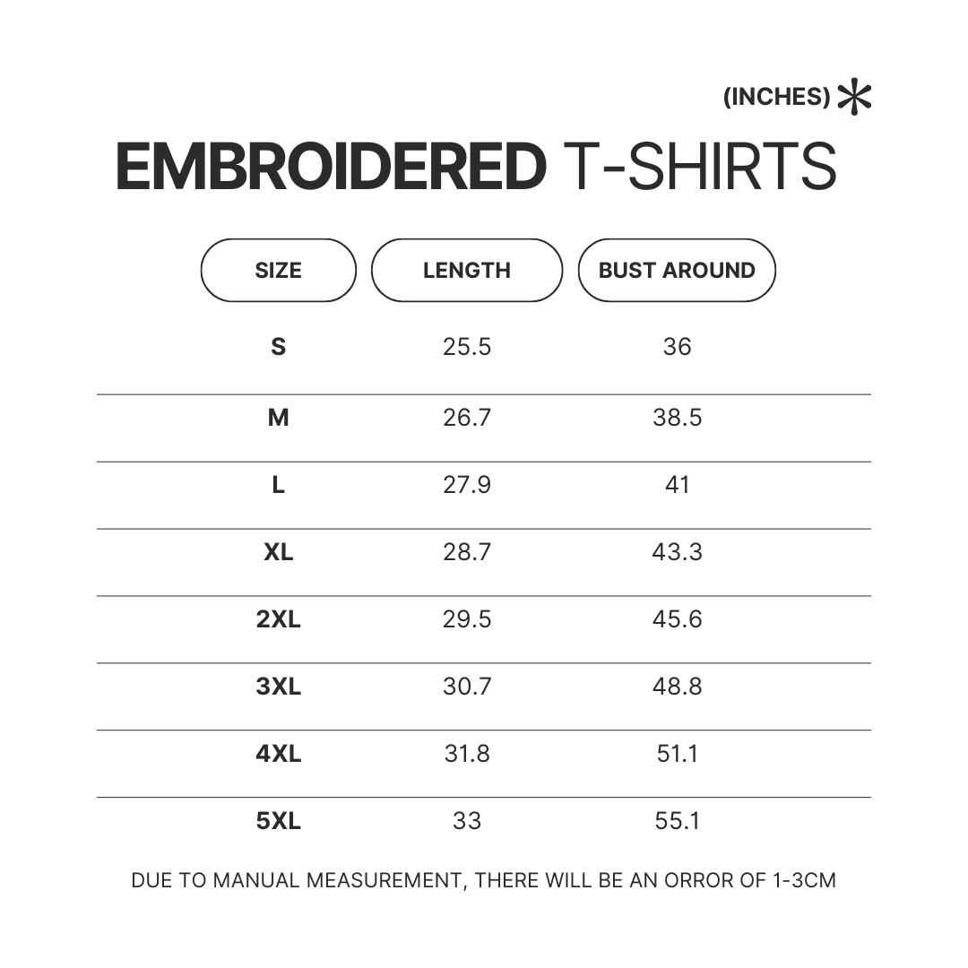 Embroidered T shirt Size Chart - Official Blue Lock Store